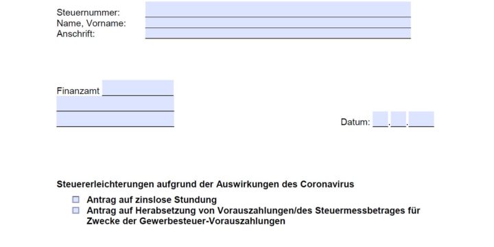 Formular zur Beantragung von Steuererleichterungen während Corona